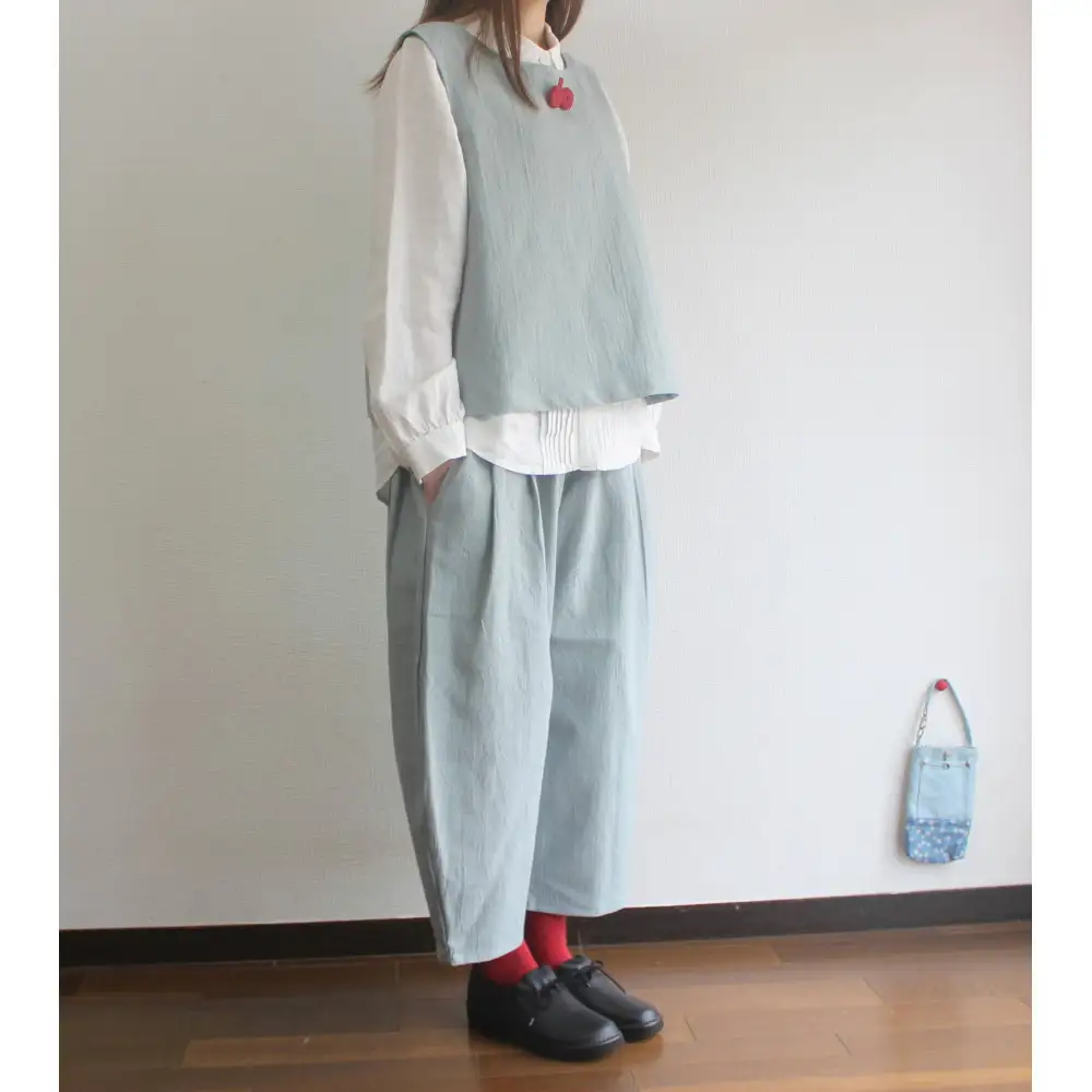北鎌倉のアトリエよりお届け　コットンリネンのおさんぽパンツ【カラー：水色】