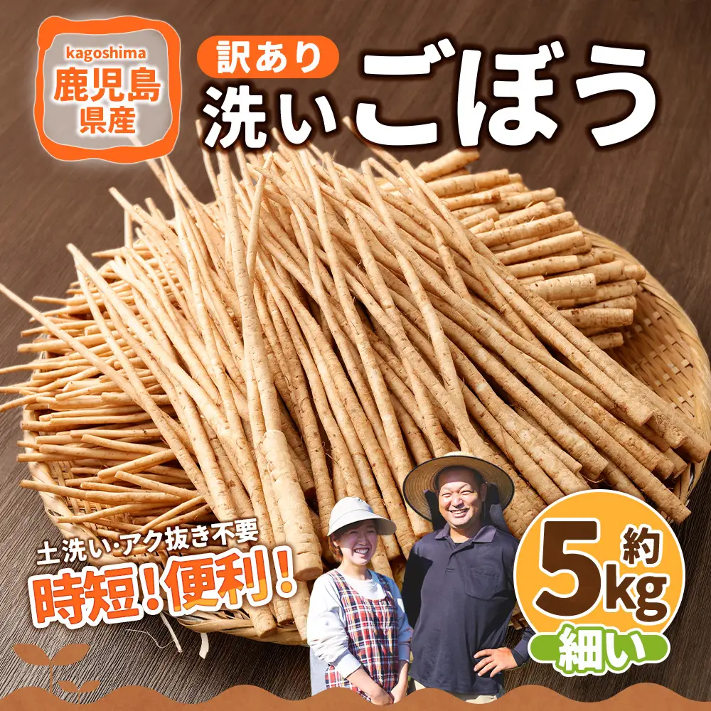 鹿児島県産 洗い【細い】 ごぼう 約5kg 【規格外・訳あり品】【2026年