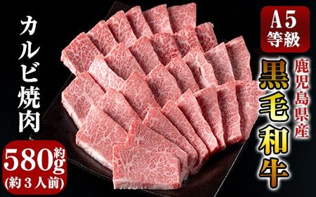 C-014 鹿児島県産黒毛和牛＜A5等級＞黒毛和牛カルビ焼肉用約580g【きりしま畜産】焼肉セット 焼肉用 牛肉 カルビ 焼肉 a5 焼き肉 牛肉 国産