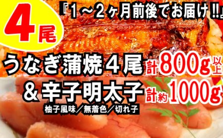 BD015.うなぎの蒲焼４尾＆無着色辛子明太子１キロ【ご飯のお供！最強セット】