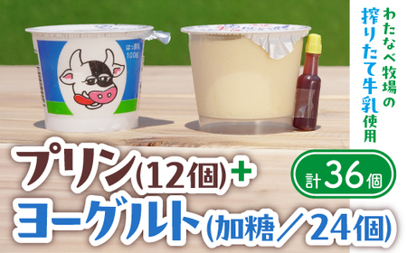 わたなべ牧場のヨーグルト・プリンセット【ヨーグルト24個・プリン12個】/ スプーン付き ヨーグルト 手造りプリン 詰合せ セット しぼりたて 化学合成物質不使用 こだわり 甘み 蒸しプリン 島根県 安来市