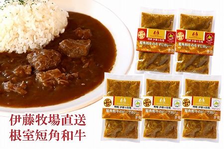【北海道根室産】短角和牛ビーフカレー3P、牛すじカレー2Pセット A-13009