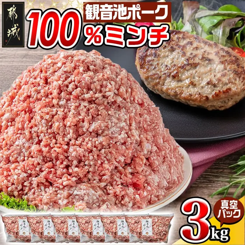 観音池ポーク100％ミンチ3kg(真空)_13-1504 _ (都城市) 銘柄豚肉 500g×6パック 冷凍 ブランドポーク 国産