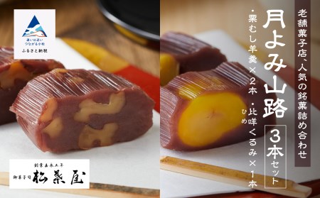 羊羹 3本セット 月よみ山路（栗むし羊羹2本、比咩くるみ1本） 松葉屋