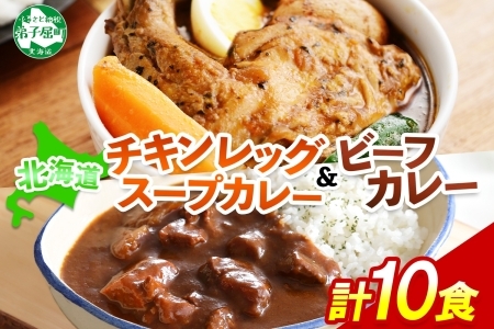 582.ビーフカレー ＆ チキンレッグ スープカレー 食べ比べ 10個 セット 中辛 牛肉 チキン業務用 レトルトカレー 野菜 備蓄 まとめ買い 送料無料 北海道 弟子屈町