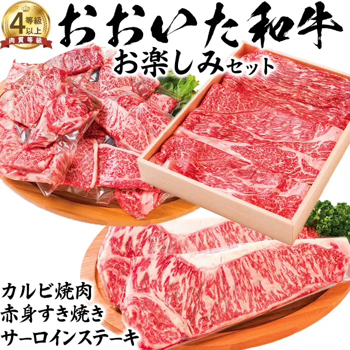 おおいた和牛 お楽しみセット (カルビ焼肉・赤身すき焼き・サーロインステーキ)【ニード牧場】 高級 国産 ブランド 牛肉 九州 大分県 冷凍 小分け 黒毛 和牛 豊後牛 人気 お肉 日本一 受賞 お楽しみ ギフト 贈答 赤身 すき焼き 牛丼 サーロイン ステーキ 焼肉 焼き肉 バラ肉 バーベキュー BBQ キャンプ 食べ比べ おすすめ ランキング ＜129-015＞