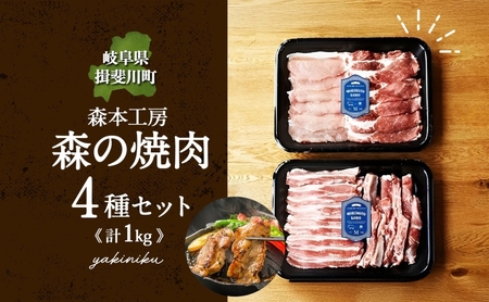 森本工房 森の焼肉 飛騨・美濃けんとん 4種 セット計1kg 各250g 焼肉 肉 お肉 豚肉 ブランド豚 ポーク 豚バラ スペアリブ ロース 肩ロース 食べ比べ 詰め合わせ BBQ 冷蔵 送料無料 岐阜県 揖斐川町