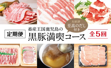 【定期便】畜産王国鹿児島の黒豚満喫コース 至高のだし付き（全5回） お肉 定期便 国産 鹿児島県産 豚肉 黒豚 しゃぶしゃぶ とんかつ 焼肉 切り落とし セット 毎月 食べ比べ 冷凍 南さつま市