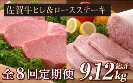 【全8回定期便】佐賀牛ヒレステーキ＆ロースステーキ 総計9.12kg 吉野ヶ里町/石丸食肉産業 佐賀牛 牛肉 肉 国産 ブランド牛 ヒレ ロース ステーキ [FBX022]