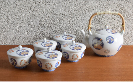 深川製磁 【有田焼】染錦花丸紋　土瓶茶器揃 A500-25
