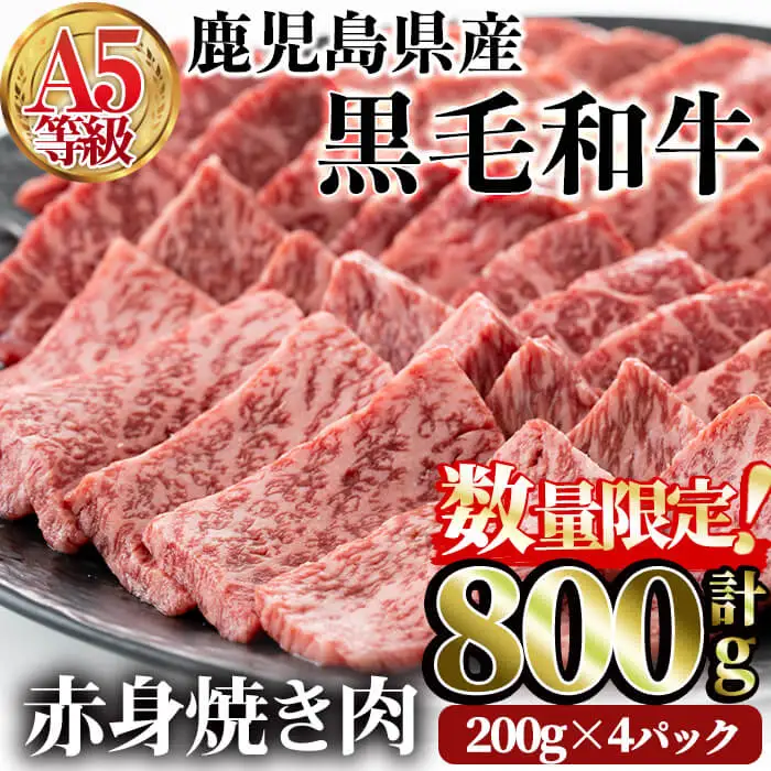 ＜数量限定＞ 鹿児島県産 黒毛和牛 A5 等級 赤身 焼肉 セット 合計800g(200g×4パック)  牛肉 モモ ウデ【LRプラスK】A227-v02