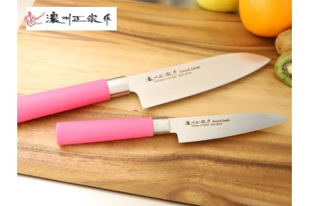 ピンク　【濃州正宗作　料理包丁２点セット】　70年以上の歴史ある工場がつくる樹脂ハンドルの和包丁　H10-78