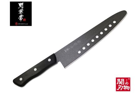 H21-02 兼常作 穴あき・リブ付き フッ素コーティング 先丸牛刀包丁 210mm（FC-G210-RT） ～食材の切り離れよい 滑りがよい 錆びにくい 汚れもサッと落ちる オールブラック 黒 ブラック 先が丸い珍しい包丁 関の刃物～