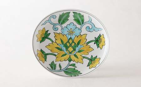源右衛門窯 赤絵更紗唐花紋 皿 No.1 黄 器 食器 ケーキ皿 飾り皿 花紋 有田焼 A50-237