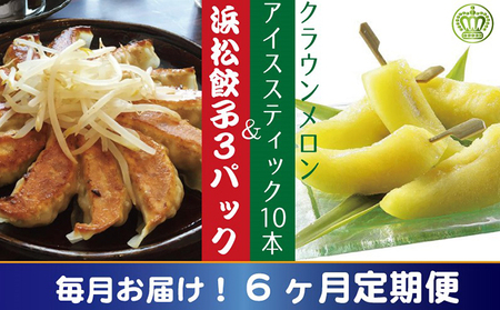 【6ヶ月定期便】クラウンメロンスティック10本と浜松ぎょうざ3パック【配送不可：離島】 餃子 セット 名物 アイス 冷凍 甘い 美味しい 