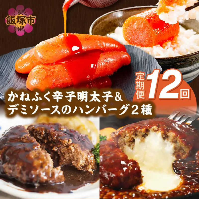 かねふく辛子明太子&デミソースのハンバーグ2種セット【毎月定期便(計12回発送)】【K03-001】