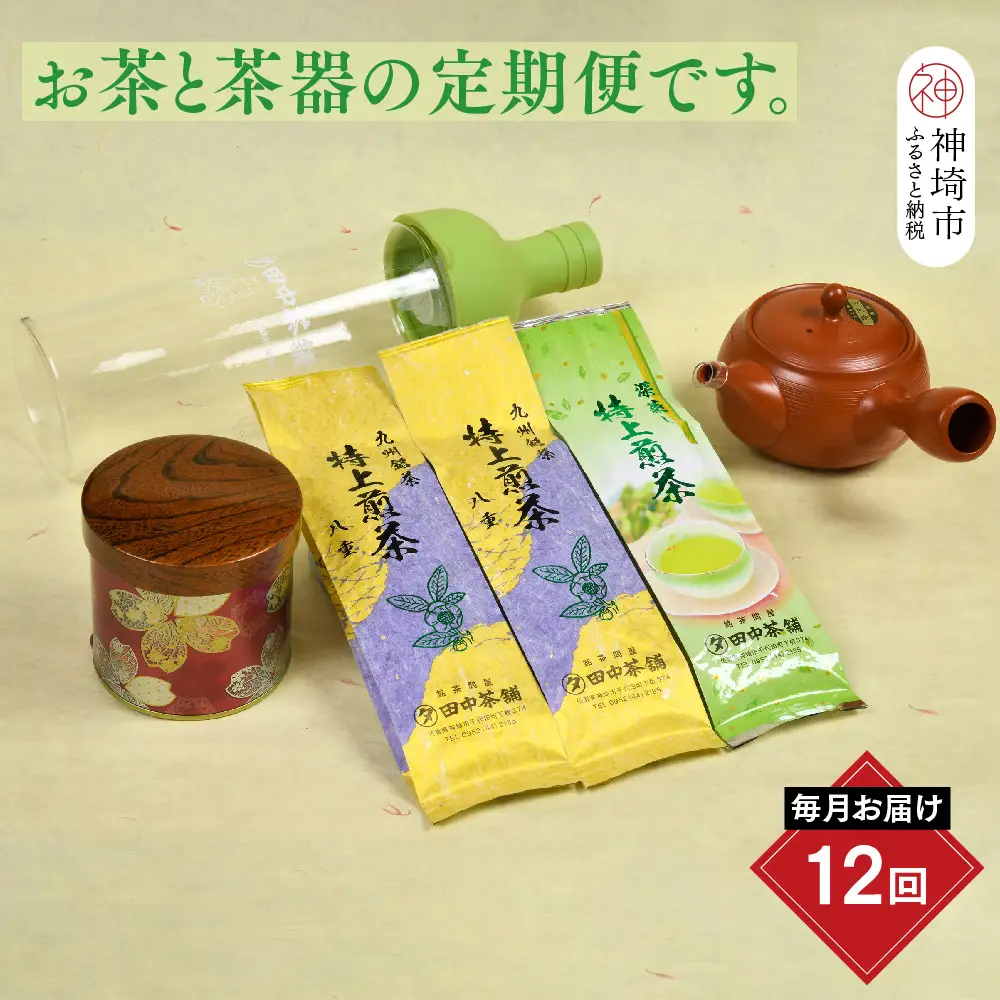 【毎月お届け12回】特上煎茶八重100g2本と季節の茶100g1本(急須付き)(H047124)