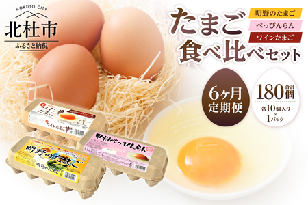 【6ヶ月定期便】明野のたまご+べっぴんらん+ワインたまご 食べ比べセット 　たまご 食べ比べ 卵 鶏卵 3種類 セット 各10個 6ヶ月 定期便 新鮮 コク 旨味 濃厚 ポリフェノール ビタミンＥ 山梨県 北杜市産 ハイチック [h081]