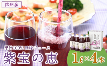 信州産 ぶどうジュース「紫宝の恵」 ストレート果汁100％ (1L×4本)|ぶどうジュース