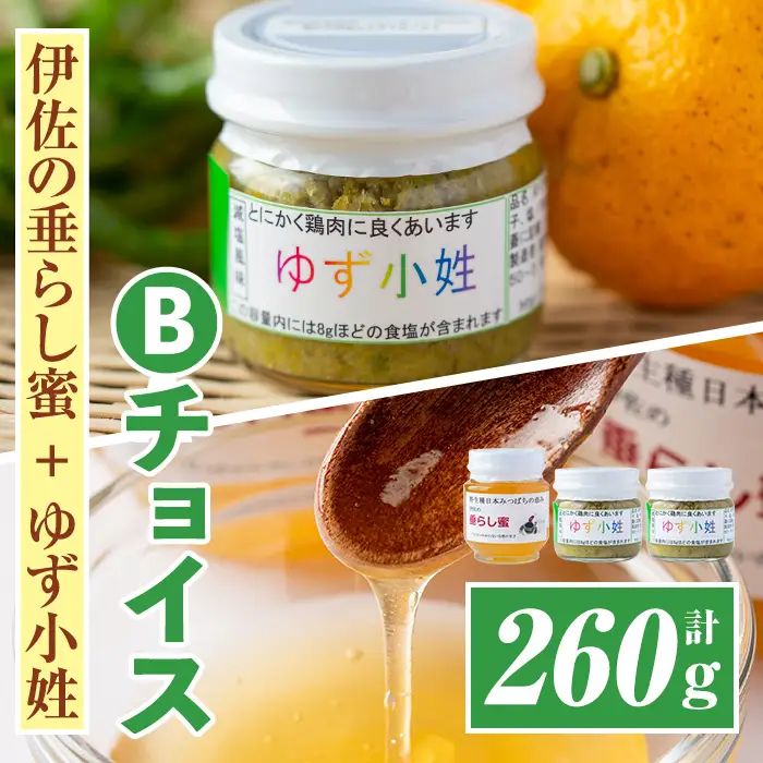 A0-05 ＜数量限定＞Bチョイス(伊佐の垂らし蜜×1個・ゆず小姓×2個) 伊佐市 特産品 百花蜜 ゆずこしょう 野生種 日本ミツバチ 蜂蜜 はちみつ ハチミツ 自家製 柚子 胡椒 ゆず ユズ 詰合せ セット【ゆず香房】