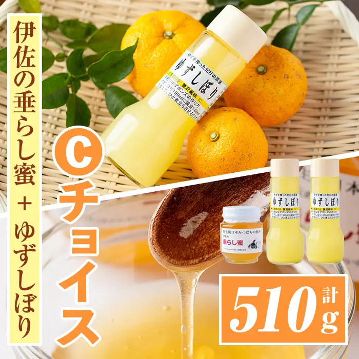 A0-16 ＜数量限定＞Cチョイス(伊佐の垂らし蜜×1個・ゆずしぼり×2本)  伊佐市 特産品 百花蜜 野生種 日本ミツバチ 蜂蜜 はちみつ ハチミツ 自家製 柚子 胡椒 ゆず ユズ 果汁 お湯割 ポン酢 詰合せ セット【ゆず香房】