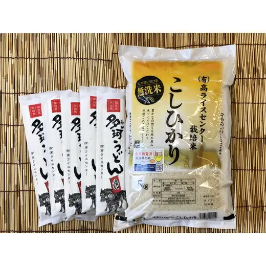 無洗米 コシヒカリ 5kg + 多珂うどん(細) 5束セット | 令和7年産 高ライスセンター