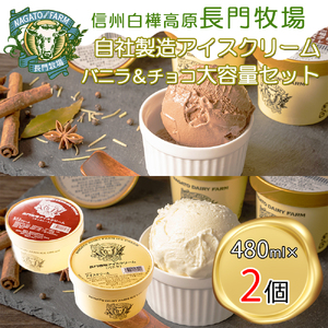 長門牧場アイスクリーム大容量2個セットB-1　贅沢480mlバニラ1個チョコレート1個　人気スイーツ　濃厚ミルク　直送　牛乳　生乳　国産　夏ギフト　長野県　贈答品　お土産　お中元　お歳暮　クリスマス