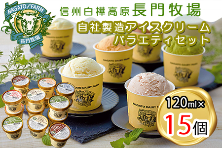 長門牧場アイスクリーム15個セットA-3　6種のフレーバー詰め合わせ（バニラ、チョコレート、抹茶、ヨーグルト、いちご、あんず）　人気スイーツ　濃厚ミルク　直送　牛乳　生乳　国産　夏ギフト　長野県　贈答品　お土産　お中元　お歳暮　クリスマス