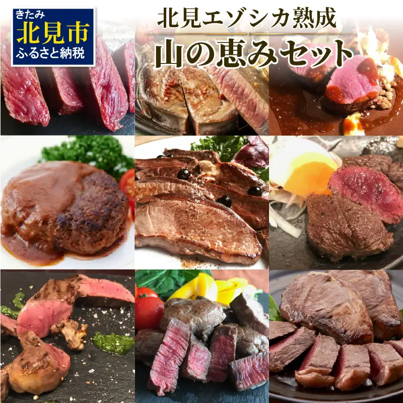 北見エゾシカ 熟成肉山の恵みセット ( 肉類 肉 国産 鹿肉 熟成 セット 詰め合わせ 骨付き ロース しんたま 内もも ステーキカット肉 ハバキカット ハツ ヒレ ステーキ用スライス )【025-0050】