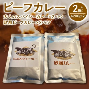 ビーフカレー 2種セット (大人のスパイシーカレー･欧風ビーフカレー) 各200g×2 計800g_ビーフカレー 2種 セット 大人のスパイシーカレー 欧風ビーフカレー 200g × 各 2パック 計 800g 2日間 じっくり 煮込んだ コク 欧風 スパイス 効いた 大人 カレー 食品 レトルト 温めるだけ 簡単調理 グルメ お取り寄せ 福岡県 久留米市 送料無料 〔Ca012〕
