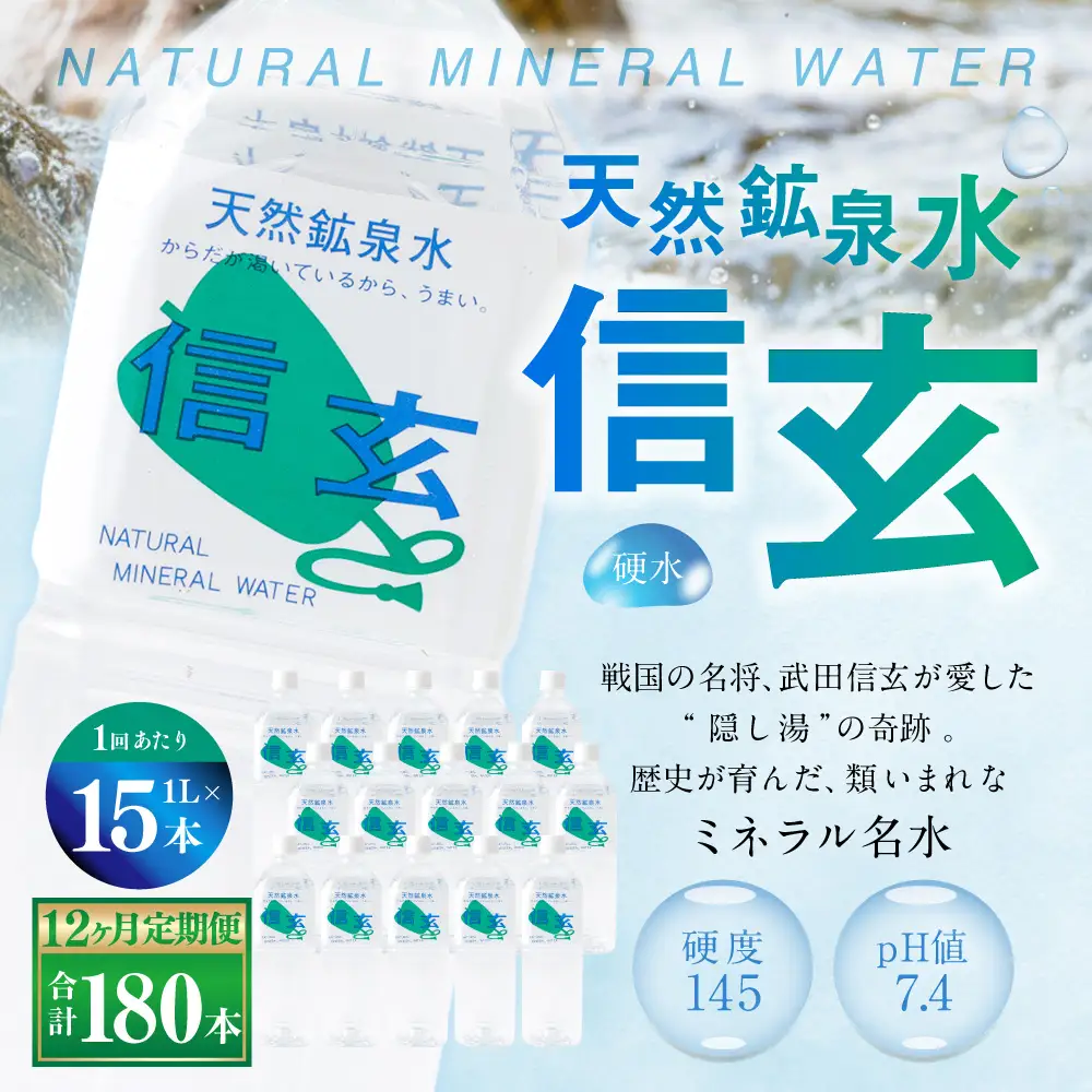 【12ヶ月定期便】天然鉱泉水「信玄」ナチュラルミネラルウォーター1L×15本入 12回 飲料水 飲料 天然水 みず 防災 保存水 