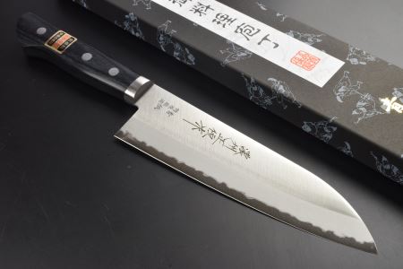 H25-10 青紙三徳包丁165mm 濃州正恒作 黒合板柄 口金付（CA-801M）