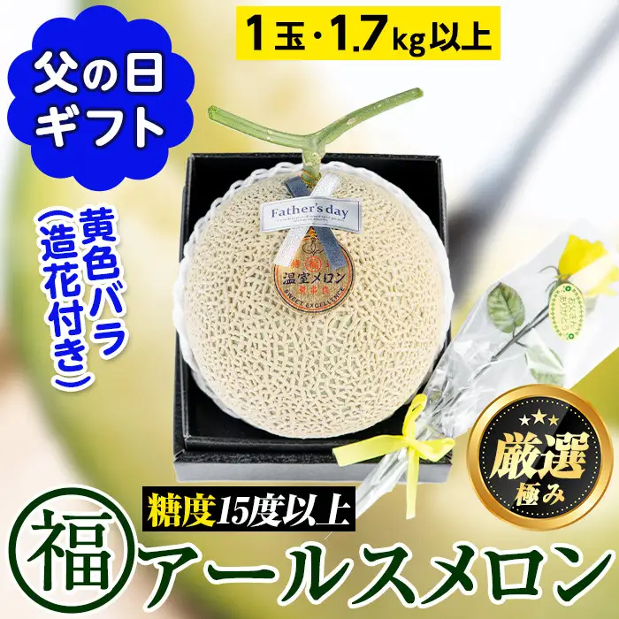 【0151114a-F】＜父の日ギフト・数量限定＞高級アールスメロン(大玉1玉・1.7kg以上、黄色バラ付(造花)付) メロン フルーツ 果物 果実 1キロ 数量限定 期間限定 贈答 贈り物 父の日【マル福園芸組合】