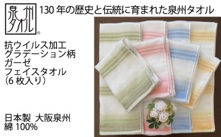 【抗ウイルス加工】 グラデーション柄 ガーゼ フェイスタオル 6枚入り グリーン