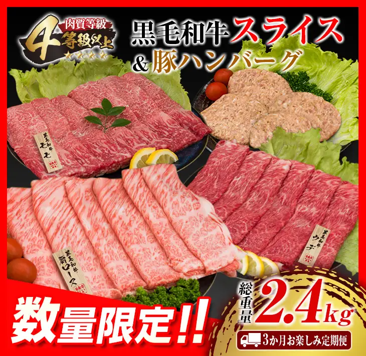 3か月 お楽しみ 定期便 黒毛和牛 スライス 豚 ハンバーグ 総重量2.4kg_GE15-25