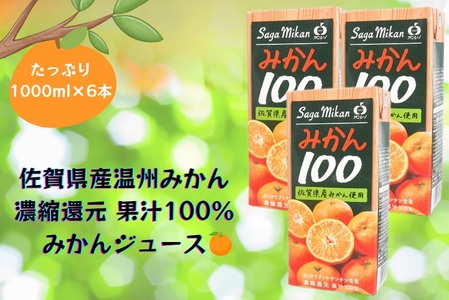 BJ018_【みかん100　6本】佐賀県産温州みかん みかんジュース 濃縮還元 国産 果汁100％ 1000ml 1L キャップ付き