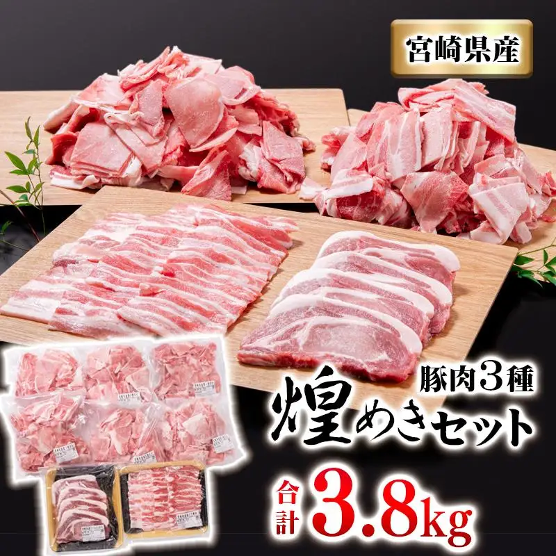 宮崎県産豚肉3種セット 合計3.8kg 小分け 焼肉 とんかつ 小間切れ＜40-2a＞