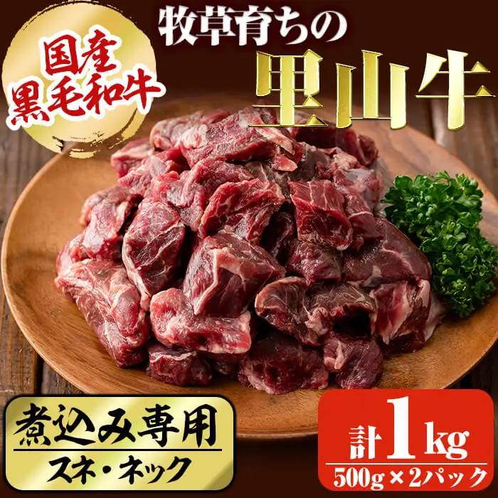 国産黒毛和牛 牧草育ちの里山牛 煮込み専用スネ・ネック計1kg(500g×2パック) 黒毛和牛 和牛 肉 牛肉 国産 スネ ネック 煮込み ブロック 赤身 a9-021