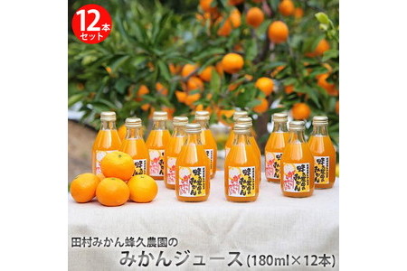 田村みかん蜂久農園のみかんがっつりしぼったでぇ　みかんジュース(180ml×12本)≪果実 飲料 100% ビタミン ストレート 贈答 ギフト 有田産 ≫