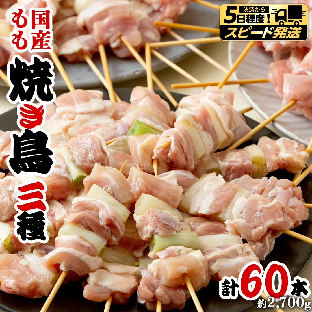 【 スピード 発送 】1本45g！合計約2700g！大満足の 国産鶏 焼き鳥 モモ 3種60本 セット（各20本入り） 