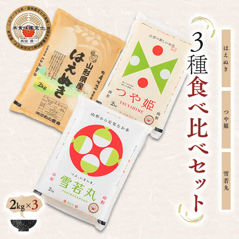 【令和7年産】 米食味鑑定士厳選 新庄産米食べ比べ3種 各2kg はえぬき 雪若丸 つや姫 山形県 新庄市 F3S-2752