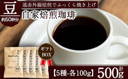 A-165 ＜挽かずに豆の状態でお届け＞珈琲豆本来のピュアな味にこだわり、遠赤外線焙煎でふっくらと焼き上げた自家焙煎珈琲豆・霧島天然水使用！《珈琲豆100g×5種詰め合わせ》【ノア・コーヒー】コーヒー 豆 詰め合わせ 詰め合せ セット