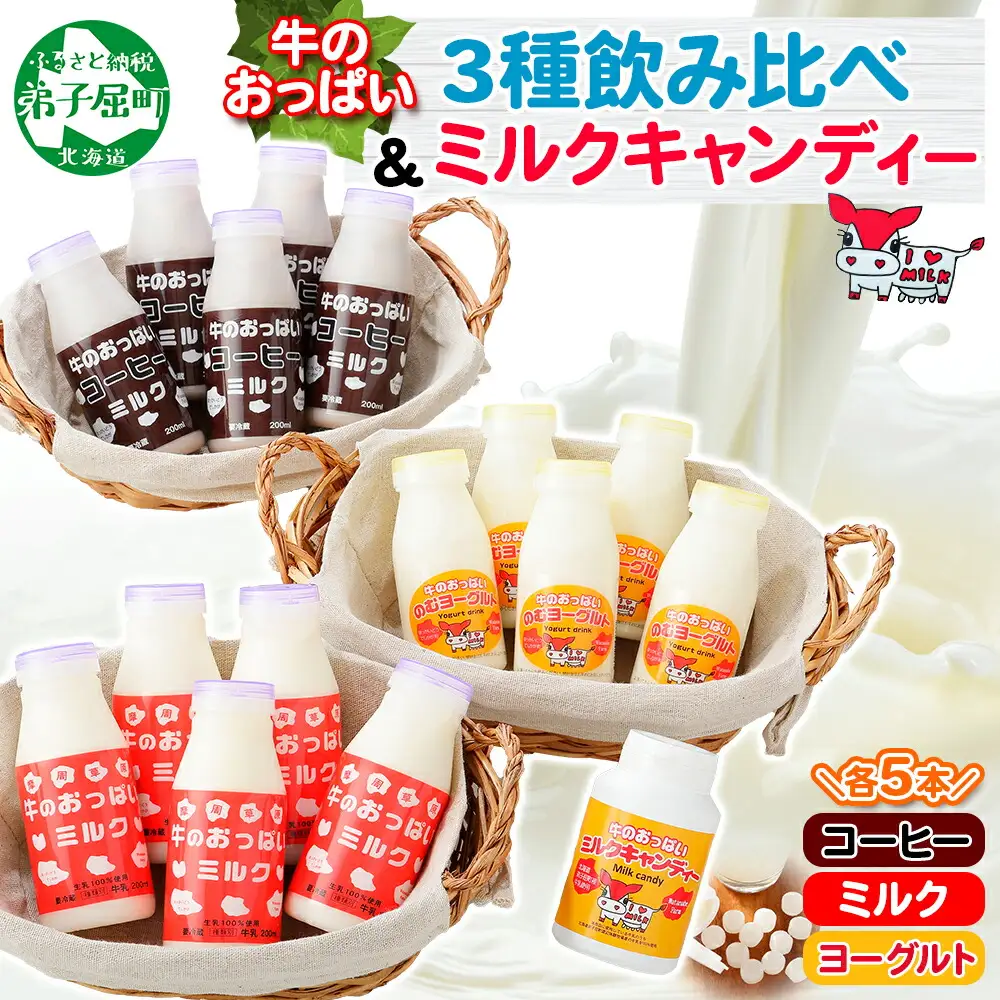 784.牛のおっぱいミルク 5本 コーヒーミルク5本 のむヨーグルト5本 計15本 おっぱいミルクキャンディー1個 セット 牛乳 生乳 ミルク 牛 酪農 飲料 しぼりたて 珈琲 ヨーグルト 飴 お取り寄せ ギフト gift 渡辺体験牧場 まとめ買い 北海道 弟子屈町
