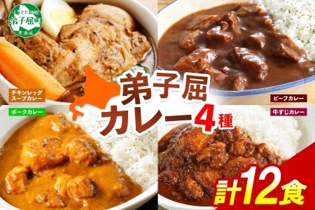 3757.カレー 4種 食べ比べ 計12個  中辛 スープカレー ビーフカレー ポークカレー 牛すじカレー じゃがいも 牛 牛肉 豚肉 肉 鳥 鶏 業務用 レトルトカレー 保存食 備蓄 まとめ買い 送料無料 北海道 弟子屈町