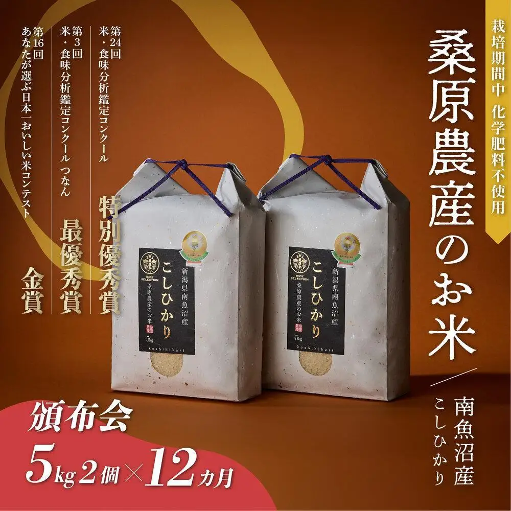 【頒布会】R7年産　最優秀賞受賞【8割減農薬】最高峰南魚沼産こしひかり10kg（5kg×2）×12ヶ月　桑原農産のお米(精米)【定期便 銘柄米 ブランド米 精米 こしひかり コシヒカリ 魚沼産 新潟米 産地直送 お米 米 こめ コメ】