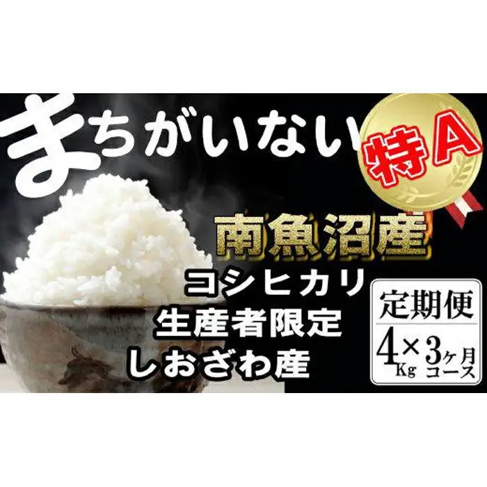 【令和7年産】【定期便】生産者限定 契約栽培 南魚沼しおざわ産コシヒカリ（4Kg×3ヶ月）【定期便 銘柄米 ブランド米 精米 こしひかり コシヒカリ 魚沼産 新潟米 産地直送 お米 米 こめ コメ ご飯 御飯 ごはん】