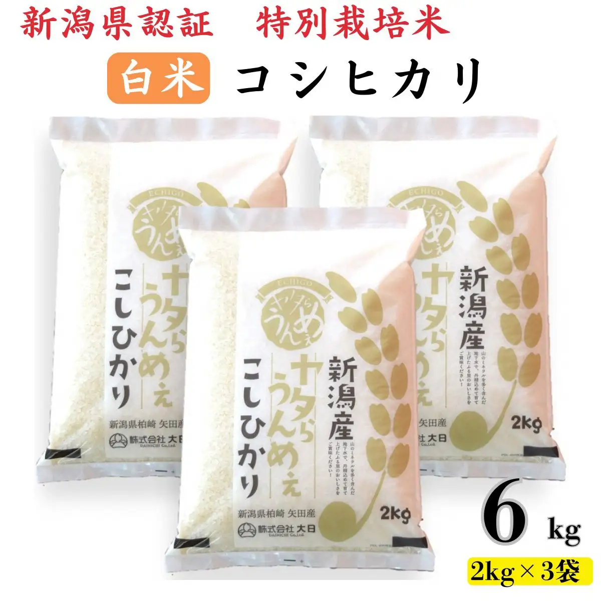 【令和7年産米】コシヒカリ 白米 6kg（2kg×3袋）ヤタらうんめぇ お米 新潟県産 小分け 水田環境鑑定士在籍[Y0200]