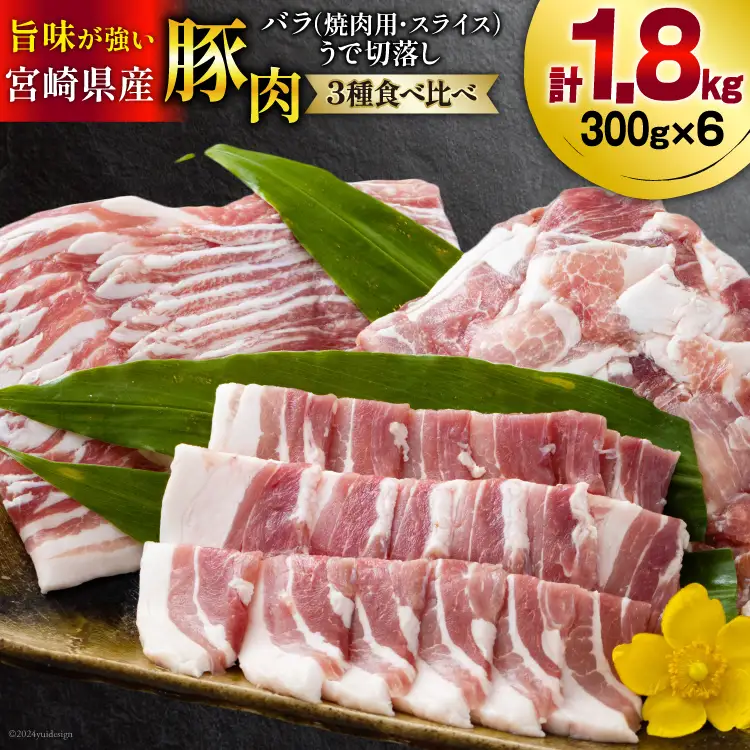 豚肉 豚バラ 焼肉用 スライス ウデ 切落し 食べ比べ セット 各300g×2 合計1.8kg [甲斐精肉店 宮崎県 美郷町 31as0086]