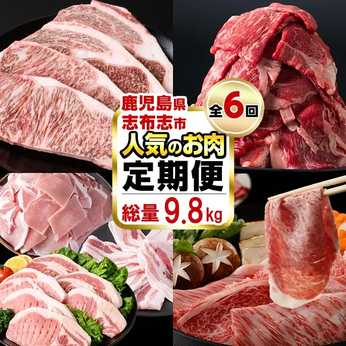【定期便・全6回】お肉のお楽しみ定期便 総量9.8kg! 牛肉 豚肉 鹿児島県産 九州産 国産 黒毛和牛 ステーキ すきやき しゃぶしゃぶ とんかつ BBQ t0117-002