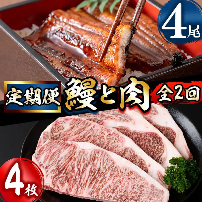 【定期便全2回】鰻と肉の定期便！ステーキ4枚と鰻蒲焼4尾をお届け！ t0057-004